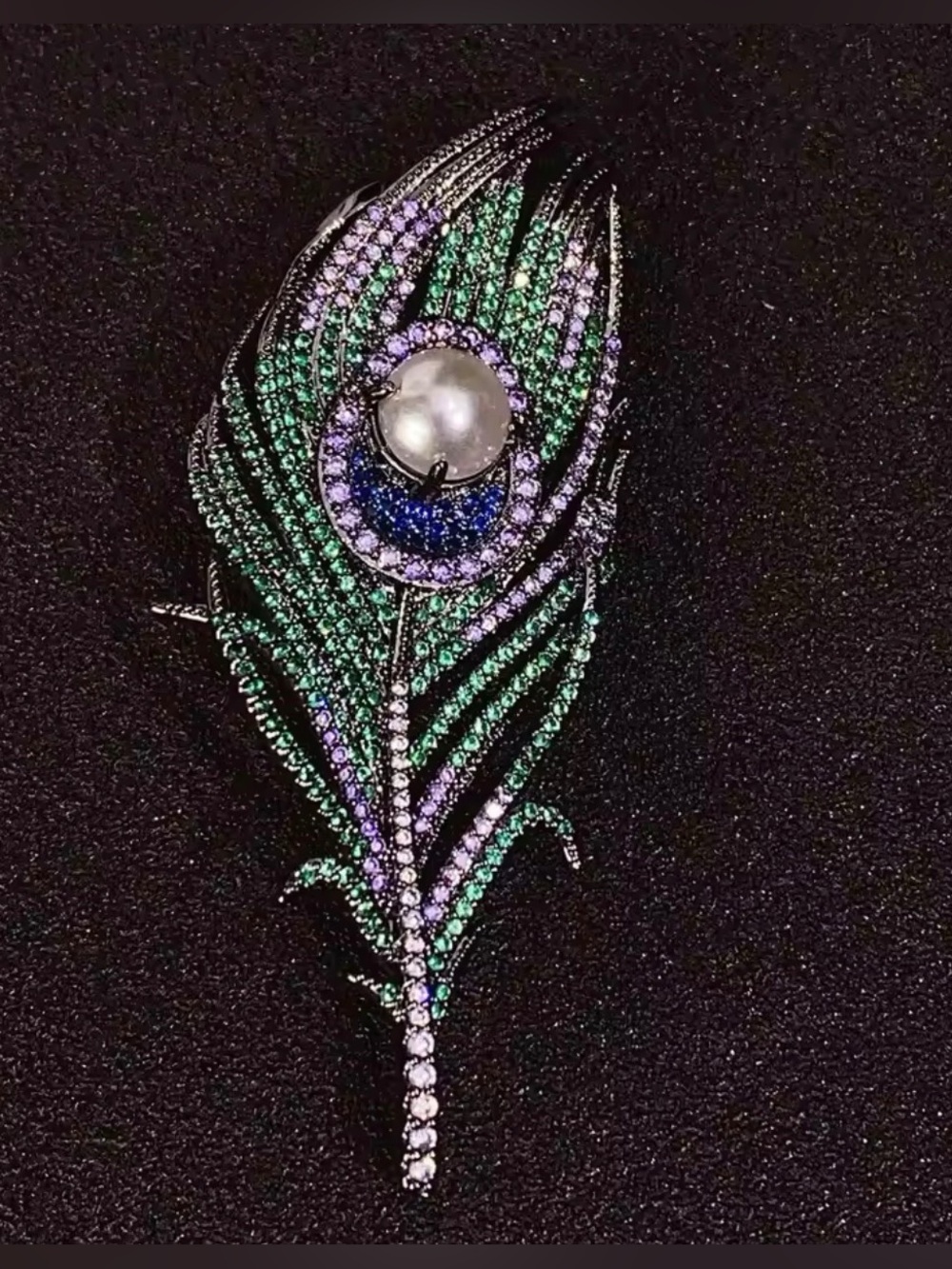 Anthropologie Peacock Feather Pearl Brooch Green Purple NWOT
